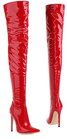 Stivali sopra Il Ginocchio Stivali di Vernice Lucida Stivali da Coscia Sexy Stivali da Pole Dance Stivali A Punta Stiletto,Rosso,39 EU