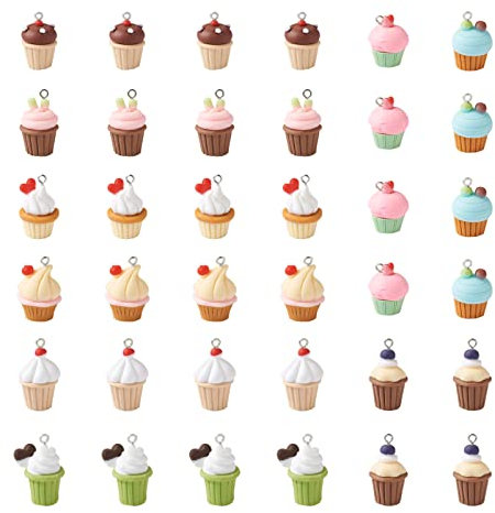 Beadthoven 36pcs Resin Cupcake Pendants 9 Styles Imitation Cup Cake Dangle Charms with Platinum Iron Loops for DIY Crafts Jewelry Making