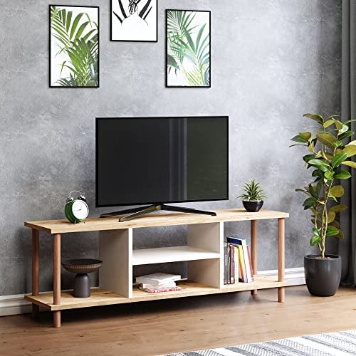 [en.casa] TV Schrank Ærøskøbing mit 2 Ablagefächern TV Bank 43 x 120 x 29 cm Fernsehtisch mit 2 Staufächern Lowboard TV Möbel Fernsehschrank Holzoptik/Weiß