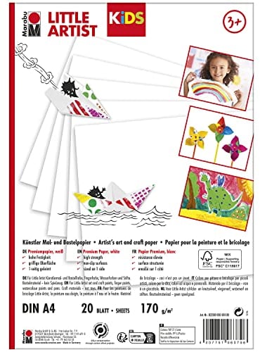 Marabu KiDS Little Artist, Künstlermal- und Bastelpapier DIN A4, 170 g/m², 20 Blätter aus FSC-zertifiziertem Papier, für Bastelfarbe, Fingerfarbe, Wasserfarbe und Stifte, 0320000000100