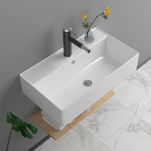 Lofeyo - Fregadero flotante rectangular de porcelana blanca de 21 x 12 pulgadas, para baño, con agujero central para grifo