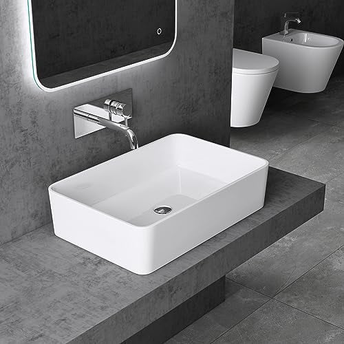 doporro Waschbecken Aufsatzwaschbecken Mineralguss 60x40x15 cm, Waschtisch Rechteckig Colossum102 in Weiß hochglanz inkl. NANO-Beschichtung