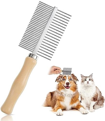 Redreo Peigne pour chien et chat - Convient pour poils moyens à longs - Double peigne en bois avec dents arrondies en métal - Pour le toilettage des animaux domestiques