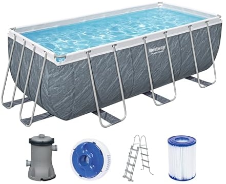 Piscine hors sol Power Steel™ motif marbre gris 412 x 201 x 122 cm, filtre à cartouche, échelle, diffuseur Chemconnect™
