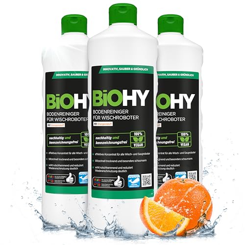 BiOHY Nettoyant pour sols pour robots de nettoyage avec parfum d'orange (3 x 1l Bouteille) | Concentré de nettoyant pour tous les robots de nettoyage | Sans mousse (Wischroboter Orange)