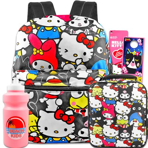 Hello Kitty Sac à dos avec boîte à déjeuner pour filles - Ensemble sac à dos d'école Hello Kitty de 40,6 cm, sac à déjeuner, bouteille d'eau, autocollants, plus | Hello Kitty sac à dos et boîte à