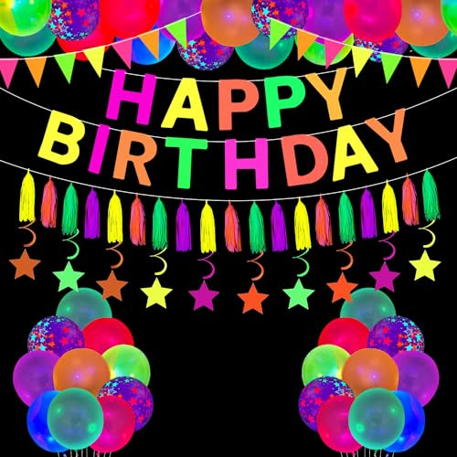 Glühen Alles Gute zum Geburtstag Party-Zubehör Glow Party Dekorationen Happy-Birthday-Banner, leuchtende Luftballons, Neon-Papier-Quasten, Neon-Dreieck-Flagge Leuchtende