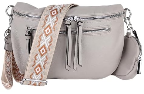 MIRROSI® Bauchtasche Damen, Veganleder 30x20x9cm, Umhängetasche, Brusttasche, Crossbody bag, Kunstleder leder, verstellbare Schulterriemen Bohemian Style (Hellgrau)