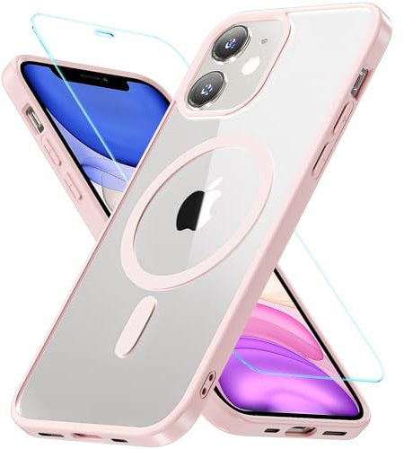 OWKEY Magnetic for iPhone 11 Case, [Compatible with MagSafe & Military-Grade Protection] with Screen Protector, Anti-Yellowing Shockproof Protective Phone Case for iPhone 11 6.1 Inch (Pink)