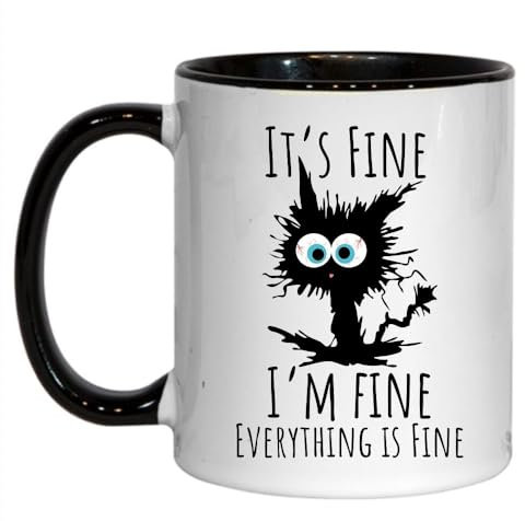 Merch Kingdom It’s Fine I’m Fine Everything is Fine Cute Cat Joke Funny Gift Black and White Mug