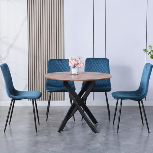 GOLDFAN Rund Esstisch mit 4 Stühlen Esstisch Holz Retro Küchentisch Schwarz Tischbeine Esszimmerstuhl aus Samt, 80cm, Blau