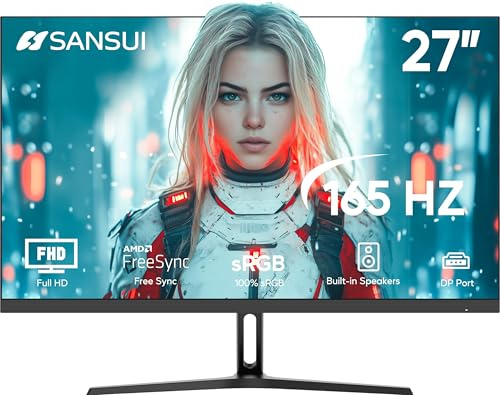 SANSUI Monitor per computer 27 IPS FHD (1920 x 1080), monitor da gioco 165Hz con altoparlanti integrati sRGB 100% sincronizzazione adattiva, DPx1 HDMIx2 porte VESA compatibile inclinabile regolabile