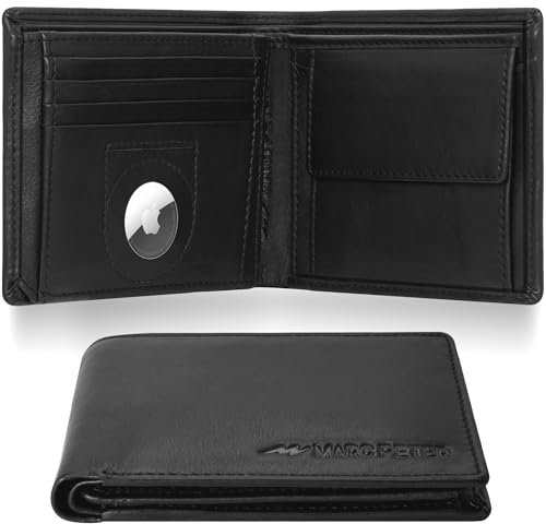 Marc Peter® California AirTag Wallet mit Münzfach und RFID-Schutz | AirTag Geldbeutel | Apple Airtag Portemonnaie | Schwarz Nappa Geldbörse