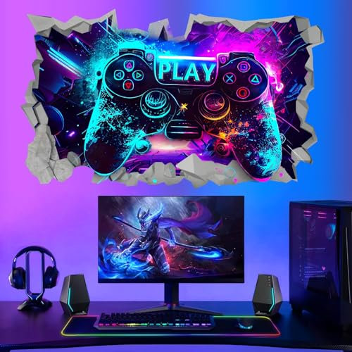 Game Wall Stickers Gaming Room Wall Decals for Teenagers Boy Bedroom Decor Neon Game Wall Art Murals Peel and Stick 3D Broken Wall Controller Decal Video Game Wallpaper for Kids Playroom Nursery Gift