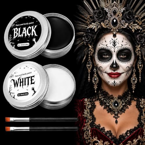 Karneval Schminke Schwarz Weiß–100g Profi Karneval Make Up Set​ Perfekt für intensive Deckkraft und ausdrucksstarke Looks.Hautfreundliche Theaterschminke für Erwachsene.Inkl 2x Pinsel (Schwarz+Weiß)