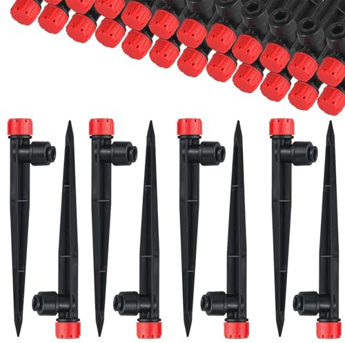 20 Stücke 360 Grad Einstellbare Bewässerung Sprinkler,8-Loch Garten Bewässerung Tropfer mit Pfahl & Micro Drip Rohrhalter for 1/4zoll Schlauch,Bewässerungssets für Gewächshaus,Topfpflanzen(Rot)