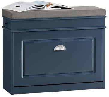 SoBuy Schuhbank mit Sitzkissen und Stauraum Schuhschrank mit Klappe, Schuhregal schmal platzsparende Sitzbank mit Stauraum für Flur, Wohnzimmer, Schlafzimmer, bis 150 kg, Blau, 75x52x24cm, FSR82-L-B