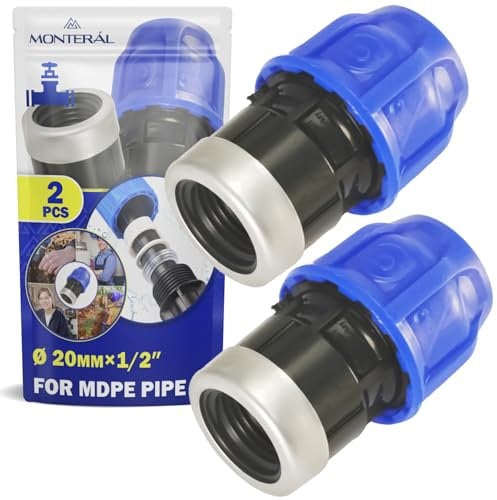 2 Pezzi Raccordo Manicotto Ø 20 mm x 1/2″ con Filetto Femmina Rinforzata con Anello in Acciaio Zincato in Polipropilene PP per il Collegamento di Tubo Polietilene PE - MONTERAL
