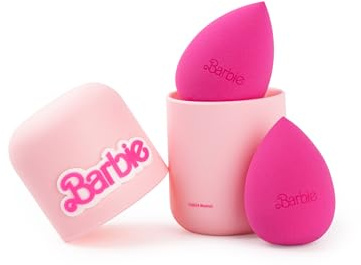 Barbie Ensemble d'éponges de maquillage pour femmes | Ensemble d'éponges de beauté pour dames de 2 avec étuis de rangement avec logo Barbie en rose