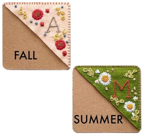 AYVRUOP Handgesticktes Eck Lesezeichen,2 Stück,Buchstaben Personalisierte Lesezeichen Für Damen Jahreszeiten Dreieck-Lesezeichen Aus Filz,Geschenke Für Leseliebhaber