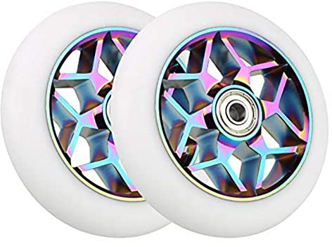110 mm bunte PU-Scooter-Räder – Set mit 2 dicken Stunt-Autorädern mit Kugellagern in Weiß – perfekt für Roller, Skateboards und mehr