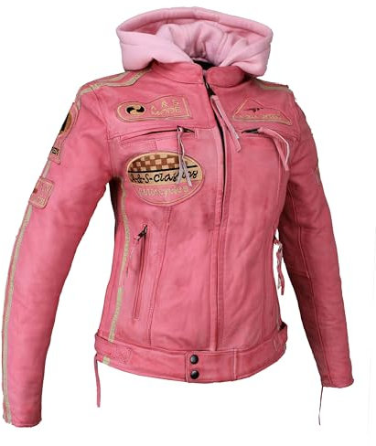 Damen Motorradjacke Lederjacke Damen Jacke mit Protektoren Lederjacke mit Kapuze Leather Jacket Biker Jacket Custom Jacke (DE/NL/SE/PL, Alphanumerisch, XL, Regular, Regular, Rosa/Pink)