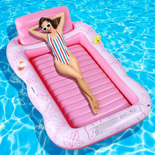 Charmofun Matelas Gonflable Piscine, Gonflable Tanning Pool Flotteur de Piscine pour Adultes pour Bain de Soleil, Piscine Gonflable Hamac avec Porte-gobelet, Piscine Bronzage pour Adultes (Rose)