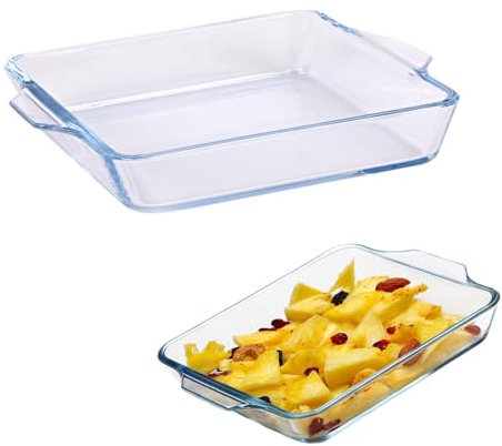 1,5 L Moldes de cristal cuadrados, Bandeja de Cocina de Vidrio,Plato de horno de vidrio,Plato cuadrado de vidrio para hornear, Fuente de cristal para asar,apto para microondas, horno, 24 x 20 x 5 cm