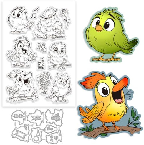 GLOBLELAND Lustige Vögel Silikonstempel Metall Stanzformen Malschablonen Für Die Kartenherstellung Blumen Schmetterlinge Stempel Stanzformen Cartoon Schablonen Set Für DIY Scrapbooking Kunsthandwerk