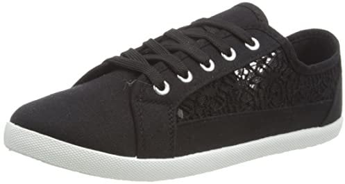 Womens Canvas Plimsolls Soft Lightweight Lace Embroidered Sneaker Shoes, Ladies Summer Beach Pumps Fashion Trainers Casual Flat Shoes (Black, UK 6)
