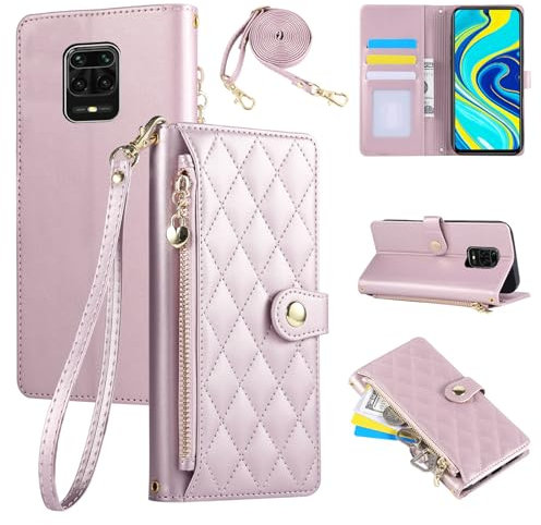 Rosbtib Handyhülle für Xiaomi Redmi Note 9S/9 Pro 6.67, Handytasche aus PU-Leder mit Rautengitter-Stickerei, Redmi Note 9S/9 Pro Hülle Flip Klappbare mit Handschlaufe und langem Trageriemen, Rosa