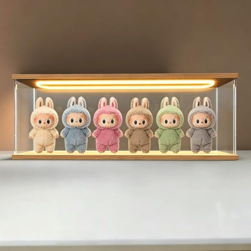 Acryl Vitrine Schaukasten Displayständer mit LED Holzbasis 60x10x20cm | für Actionfiguren 20cm für LABUBU Sammlerstücke LEGO, Transparente Acrylbox Präsentationsbox Glasvitrine vitrinen mit Tür