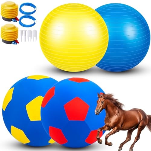Suilung 2 Set/4 Pcs Giant 40 Herding Ball with Cover Anti Burst, Large Horse Toy Waterproof Durable, Watch VCR for Inflating Horse Toys for Equine Pasture Stall Outdoor, Pump Included(Blue, Yellow)