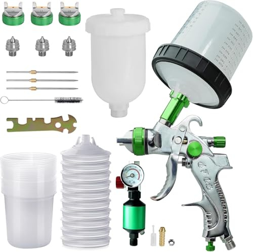 HVLP Lackierpistole Spritzpistole 3 Düsen 1,4mm 1,7mm 2,0mm Profi Farbsprühsystem Spraypistole mit 600 ml Plastikbecher 10 Stück 600ML Einwegbechern Spritzpistole Cups Mit Luftdruckregler (Grün)