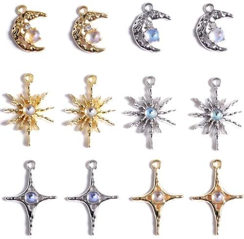 FrostyFlair Charms Anhänger, 30 Stück Gold & Silber Mond Stern Sonne Anhänger mit Opalperlen, Anhänger für Armbänder, Charm Armband, Charms Anhänger Set