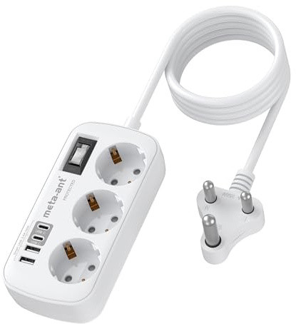 Adattatore per Sud Africa con 3 prese e 4 USB (2 USB-C 3.4A), caricatore rapido, adattatore tipo M per Sudafrica, Namibia, Lesotho, Mozambico, Botswana, Lesotho, cavo da 1,5 m