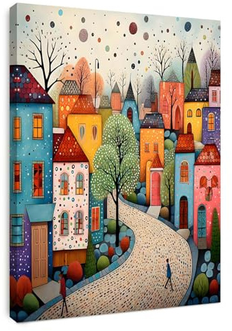 Alptiny Gerahmtes Wandbild 30×40 cm Bunte Stadtlandschaft Leinwandbilder für Wohnzimmer Schlafzimmer Küche Büro Vintage Wandbild mit Haken Nägeln und magischer Klettbefestigung sofort aufhängbar