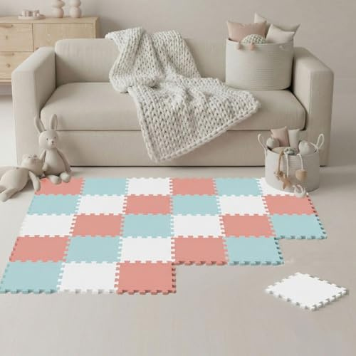 LittleTom Spielmatte Baby Puzzlematte Pastellfarben - 27 Matten je 30x30 cm Krabbelmatte 270x90 cm Bodenmatte Kinder - Puzzle Teppich Kinderzimmer - Bodenschutzmatte Spielteppich Eva Schaumstoffmatte