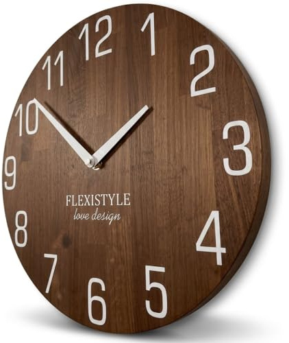 FLEXISTYLE Wanduhr Natur Durchmesser holzoptik 100% Eiche, Holz modern, Wohnzimmer, ohne tickgeräusche … (Brauneiche/Weiß, 30cm)