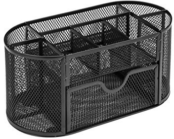 OSCO Wire-Mesh Desk Organiser with Drawer – 8 Compartment Metal Mesh Desk Tidy & Office Storage Pen Holder for Home, Office, Study, Rulers, Scissors, Smartphone – Black
