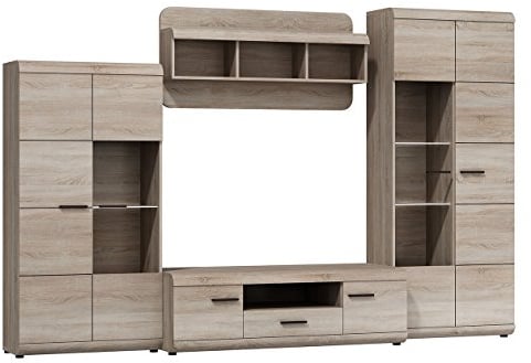 Mirjan24 Wohnwand Emily Wohnzimmerschrank TV-Element Vitrine Schrankwand Anbauwand Wandregal TV-Lowboard (Sonoma Eiche, mit warmweißer LED-Beleuchtung)