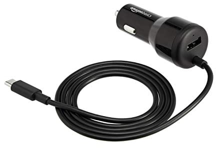 Amazon Basics USB-C (18W) with Power Delivery and USB-A (12W) Car Charger with Cable, Black