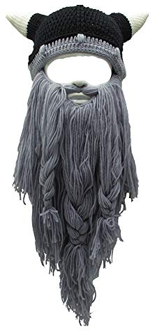 YEKEYI Wikingerbart-Mütze, Horn, Winter, warme Maske, gestrickte, lustige Kappe aus Wolle, Horn Lgray, Einheitsgröße