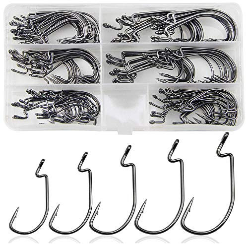 Fishing Worm Hooks Wide Gap Bass Hooks Ultra Strong Offset Fishing Hooks Set, High Carbon Steel Fishhooks Jig Hooks for Bass Trout Saltwater Freshwater (120pcs/box)