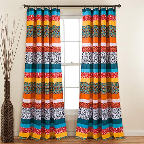 Lush Decor Boho Stripe Window Curtain Bohemian Geomatric Floral Design Panel Pair, 52 W x 84 L, Turquoise & Tangerine