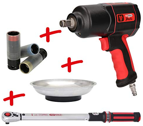 KS Tools 515.2095 Reifenwechsel-Aktionspaket, 6-TLG. [Inhalt: The Devil Druckluft-Schlagschrauber, 1600 Nm | 1/2 Drehmomentschlüssel 40-200 Nm | Alu-Felgen Stecknuss-Satz | Edelstahl-Magnet-Teller