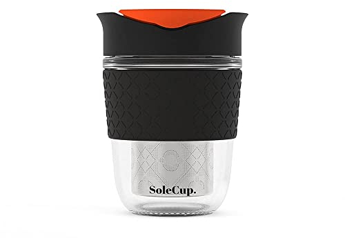 SoleCup. Travel Mug Loose Tea Infuser - Detachable Tea Strainer with Spillproof Lid - BPA-Free Reusable Glass Travel Coffee Cup with Silicone Band (Black)