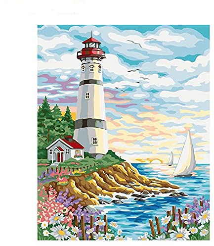 Malen nach Zahlen Erwachsene Leuchtturm 40x50 cm Paint by Numbers DIY Öl Acryl Leinwand Bild Dekoration Küste lighthouse ohne Rahmen 1 Stück