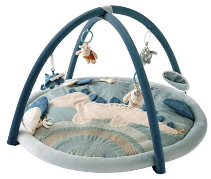NOUKIE'S – Tapis d'Éveil Bébé Veloudoux Ops Le Dino – Tapis d’Activités Sensoriel avec Jouets Suspendus – Motricité, Développement Éveil – Lavable Machine - Naissance - Cadeau