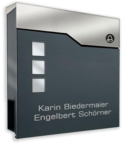 Design-Briefkasten aus pulverbeschichtetem Stahl ANTHRAZIT RAL 7016 mit FUNKKLINGEL und Beschriftung (mit Zeitungsrolle und 3 Sichtfeldern)